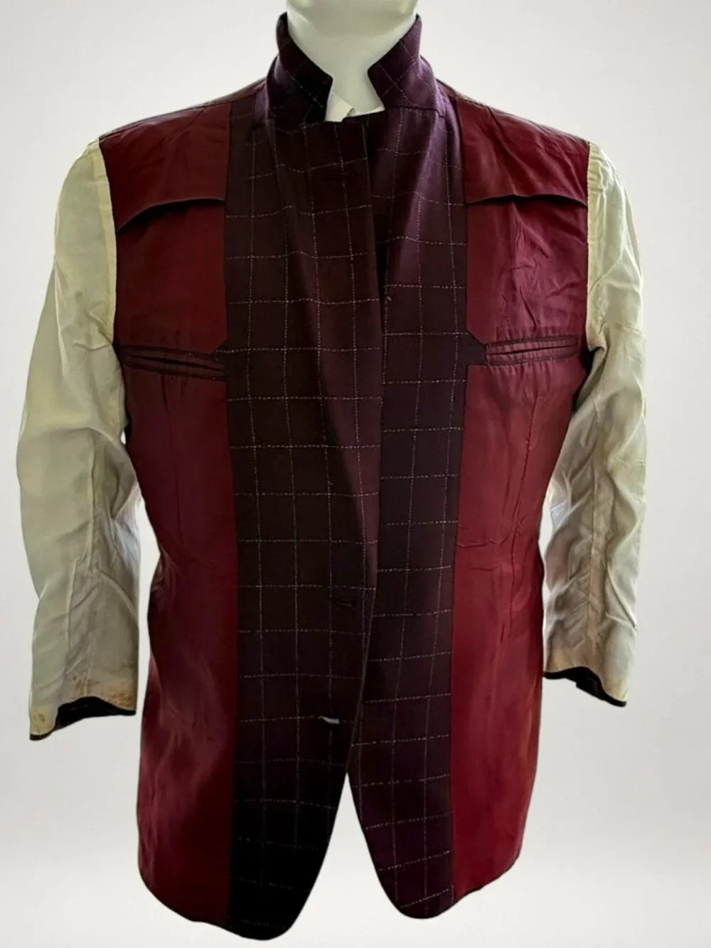 Vintage Bespoke Burgundy Windowpane Wool Sport Coat Blazer Men's 46R Hand Tailor